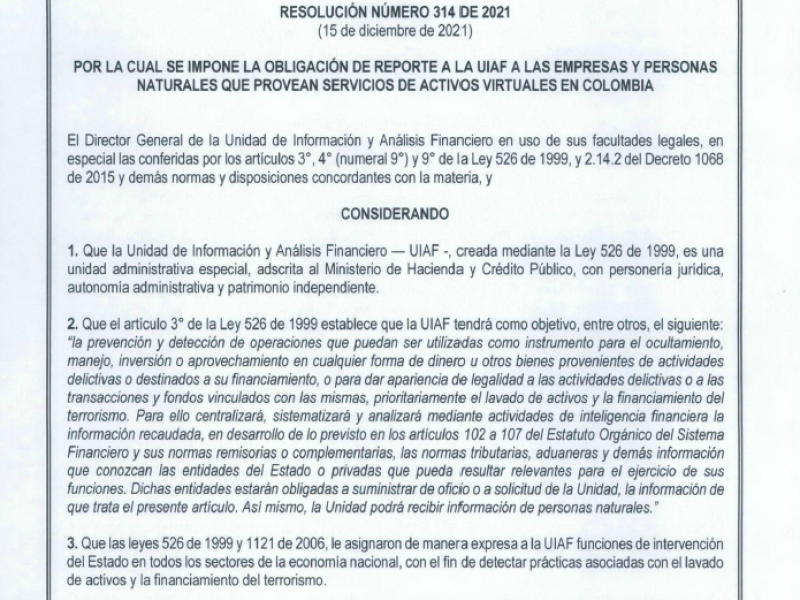 UIAF expide Resolución para imponer reportes a proveedores de activos virtuales